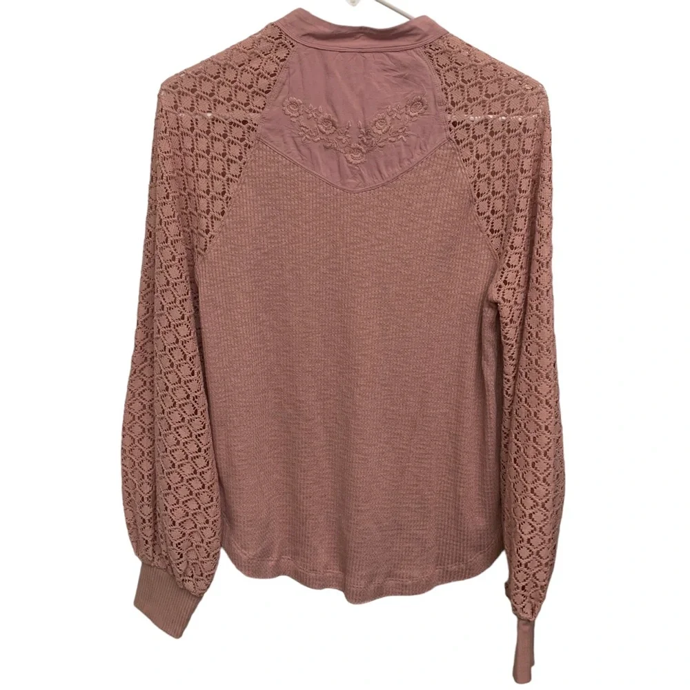 Free People Embroidered Crocheted Thermal High Neck Top